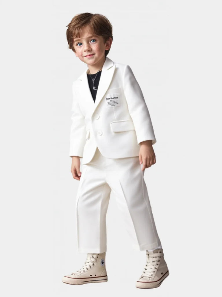Kids Pure White Casual Suit Set Boys 3Pieces Wedding Dress With Jacket Pants Necklace Flower Kids Piano Performance Costume