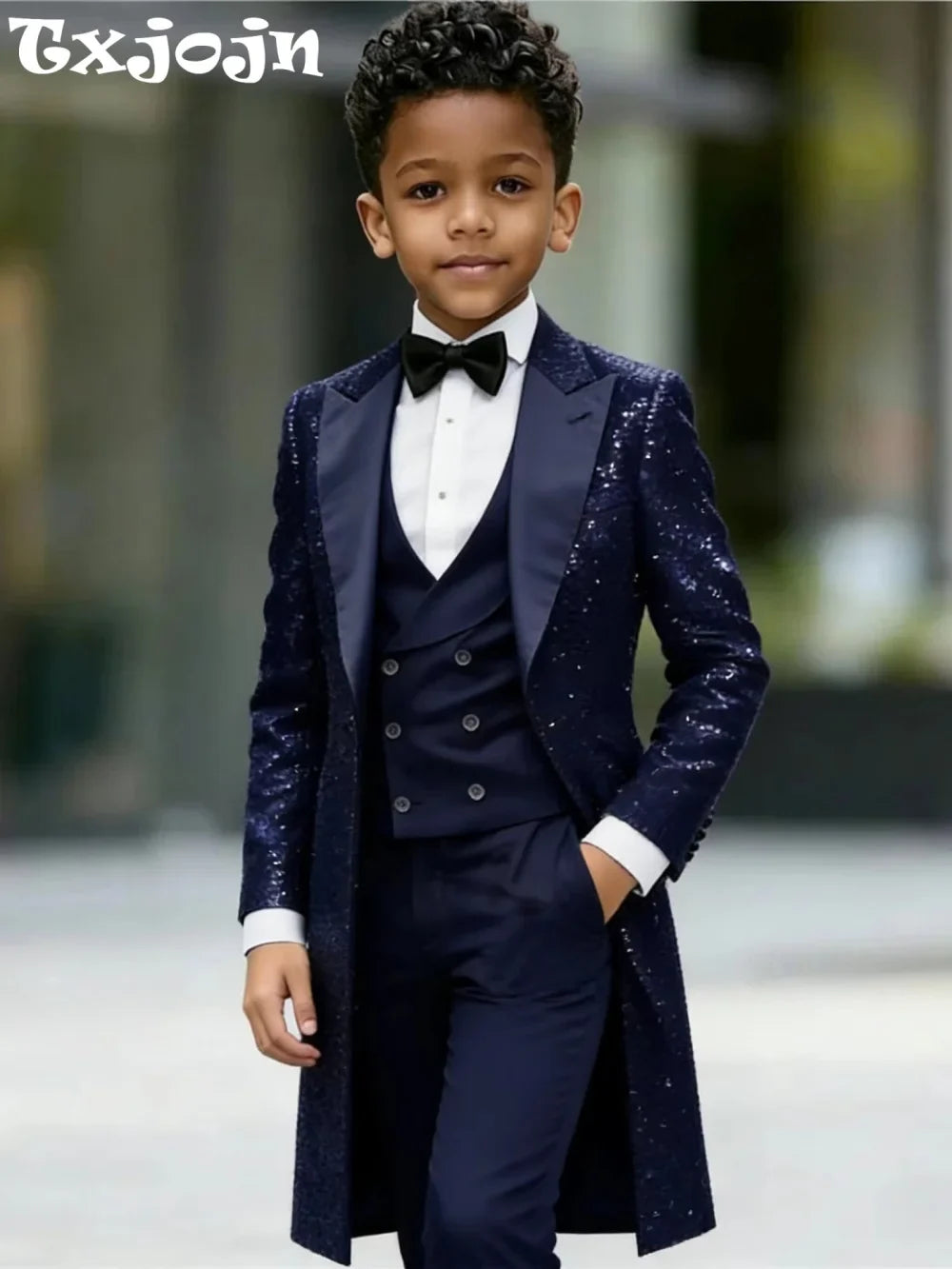New Boys Sequined Long Jacket Suit Set 3 Pieces Formal Party Wear Handsome Chic Peak Lapel Kids Tuxedo For Birthday 2-20T