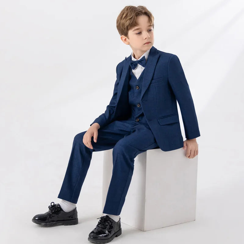 Children Navy Blue Spring 4Piece/Set Jacket Vest Pants Bowtie Piano Dress Kids Ceremony Photograph Suit Boys Performance Costume