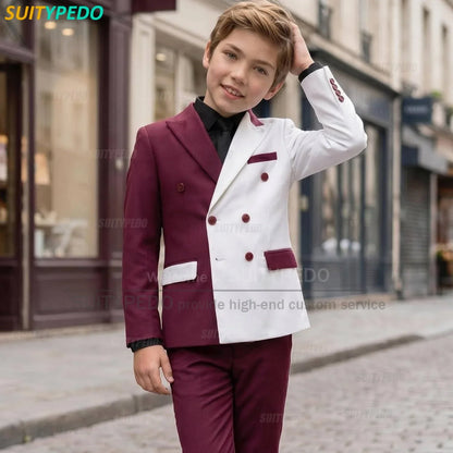 Fashion White And Burgundy Splicing Suit Sets For Boys School Activities Children Host Slim Fit Outfit Classic Blazer Pants 2Pcs