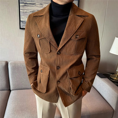 Autumn Winter Corduroy Medium Long Hunting Jacket Men's Fashion Thick Suit Jacket Casual Business Blazers Social Streetwear 2025