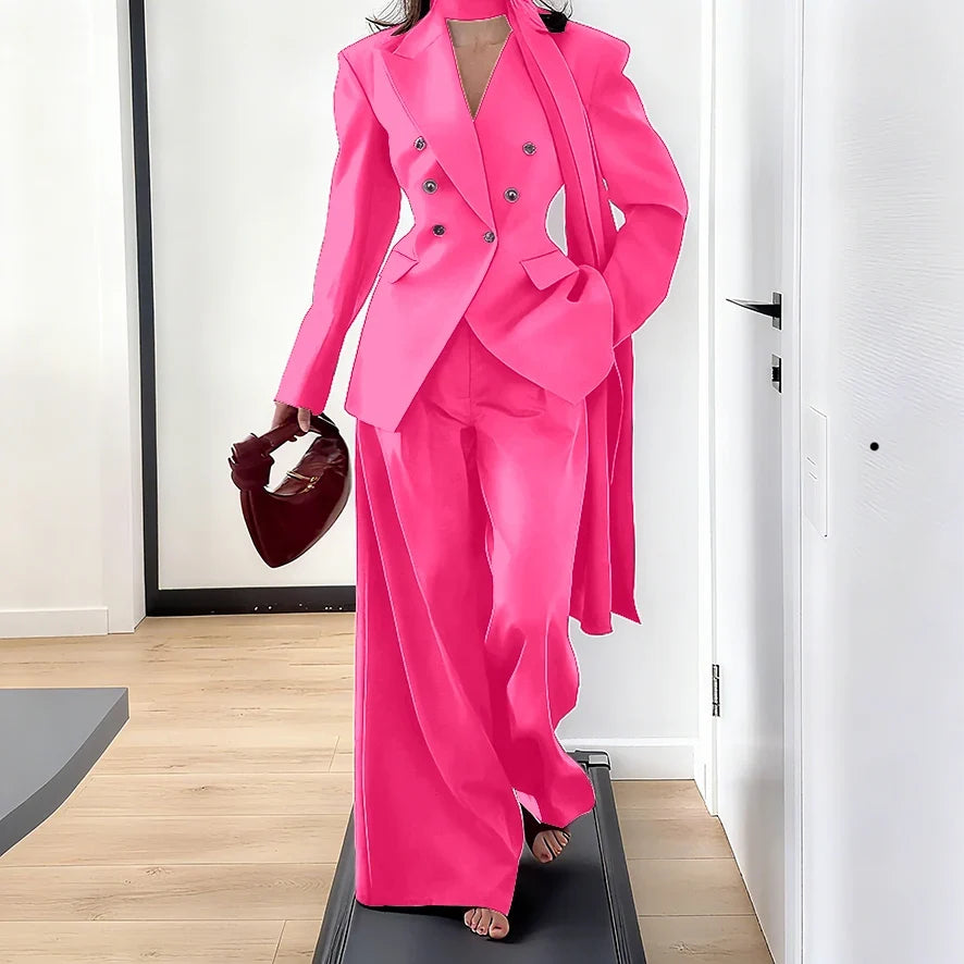 Elegant Women Double Breasted Suit Set Double Breasted Peaked Lapel Blazer+Pants Daily Slim Fit Office Evening Party Outerwears