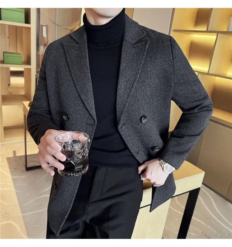 British Style Autumn Winter Thick Double Breasted Woolen Coats High Quality Men Business Casual Warm Suit Jackets Men Clothing