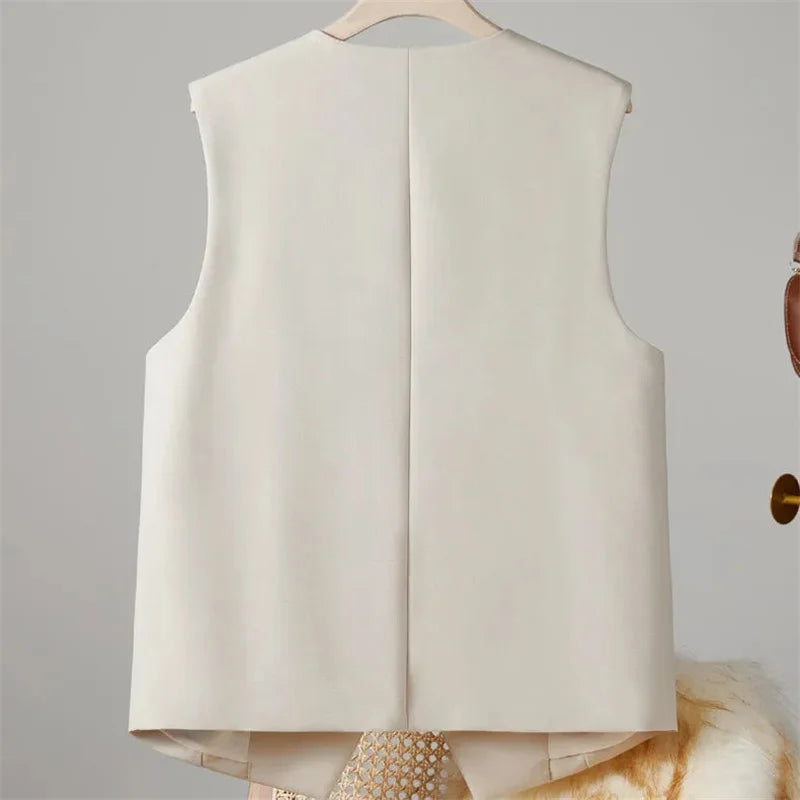2025 New Women's Blazer High End Casual Vest Waistcoat Female Commuting Slimming Collar Less Sleeveless Short Suit Jacket Lined