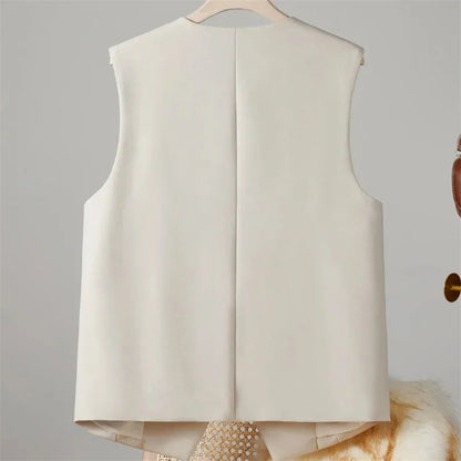 2025 New Women's Blazer High End Casual Vest Waistcoat Female Commuting Slimming Collar Less Sleeveless Short Suit Jacket Lined