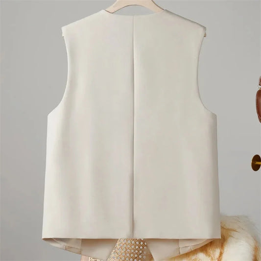 2025 New Women's Blazer High End Casual Vest Waistcoat Female Commuting Slimming Collar Less Sleeveless Short Suit Jacket Lined