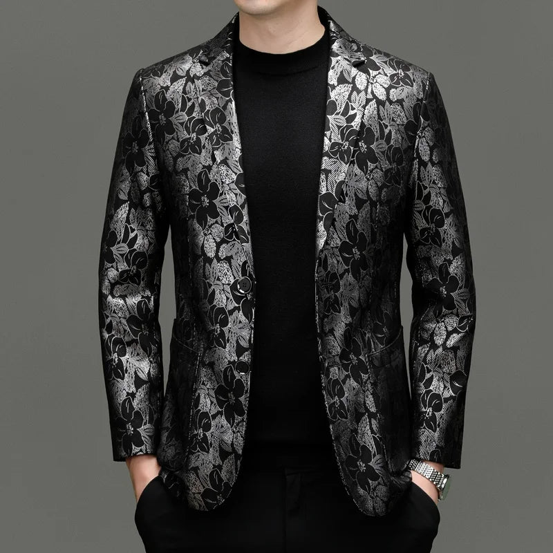 Men's Blazer Sheepskin Leather Floral Print Single Breasted Smart Casual