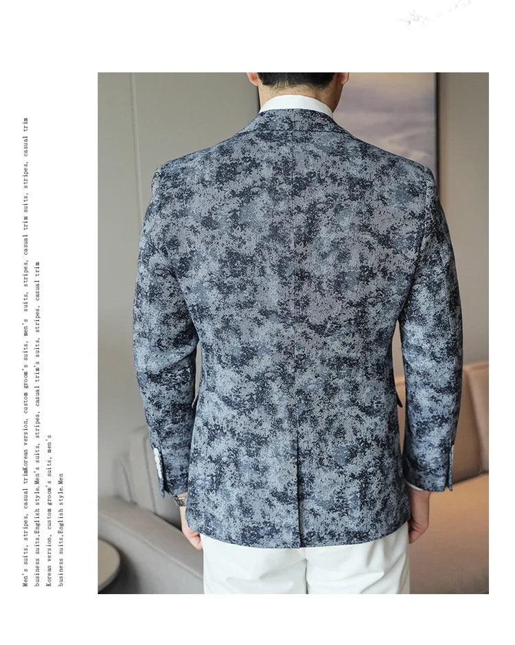 2026 Spring Denim Blue Men's Casual Suit Jacket Korean Slim Blazers Tie-dyed Business Social Jacket Banquet Party Dress Coats