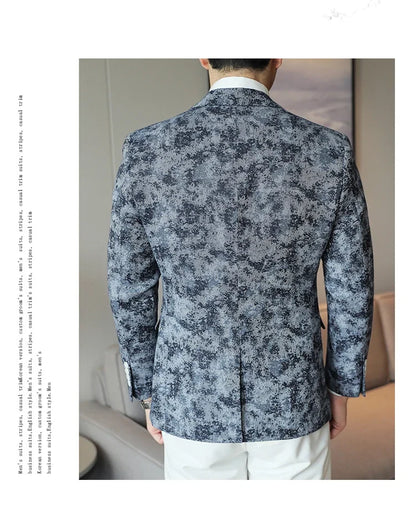 2026 Spring Denim Blue Men's Casual Suit Jacket Korean Slim Blazers Tie-dyed Business Social Jacket Banquet Party Dress Coats