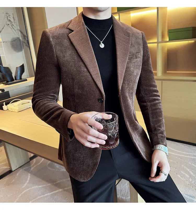 2025 Autumn Winter Velvet Suit Jacket Men Casual Business Blazers Wedding Groom Social Banquet Party Formal Blazer Men Clothing