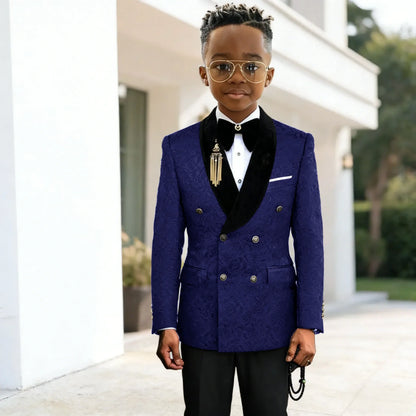 Black Jacquard Floral Boys Suits For weddings Children Suits Double Breasted Kid Wedding Prom Suits Blazers Sets For boys Tuxedo