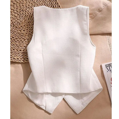 White Suspender Vest For Women Summer New Short Slim Thin Versatile Vest Elegant Beading Cardigan Sleeveless Blazer Waistcoat