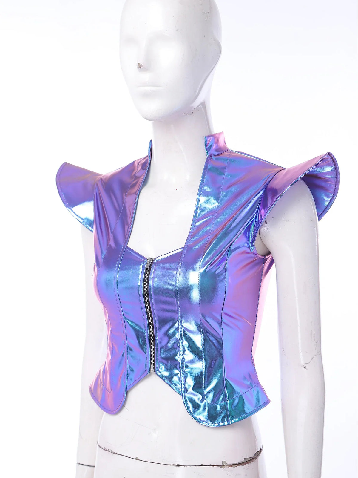 Womens Front Zipper Vest Tank Top Wet Look PU Leather Crop Top Metallic Glossy Rave Party Clubwear Costume Steampunk Waistcoat