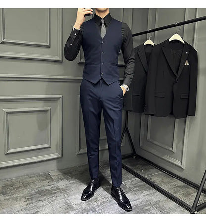 Men's 3 Piece Suit Set Double‑Button Slim Fit Solid Color Business Casual Wedding Party Jacket Vest Pants Formal Outfit for Men
