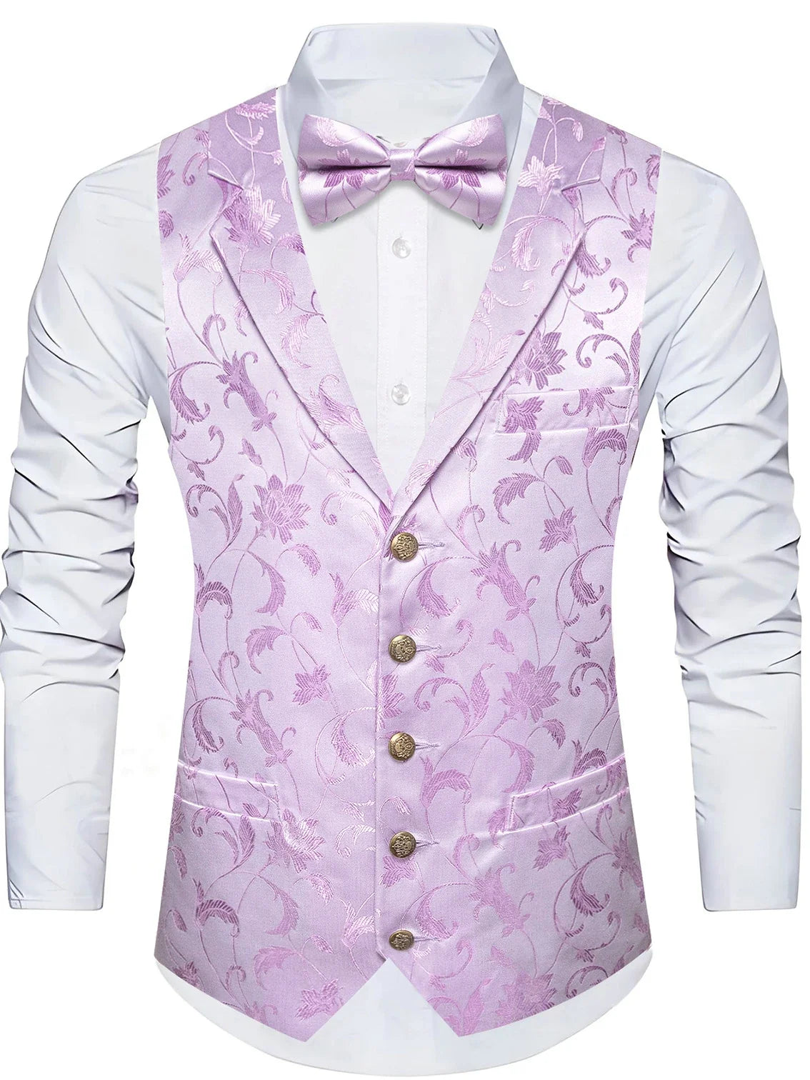 Men's Floral Jacquard Vest Bowtie Set – Pink Wedding Waistcoat for Men