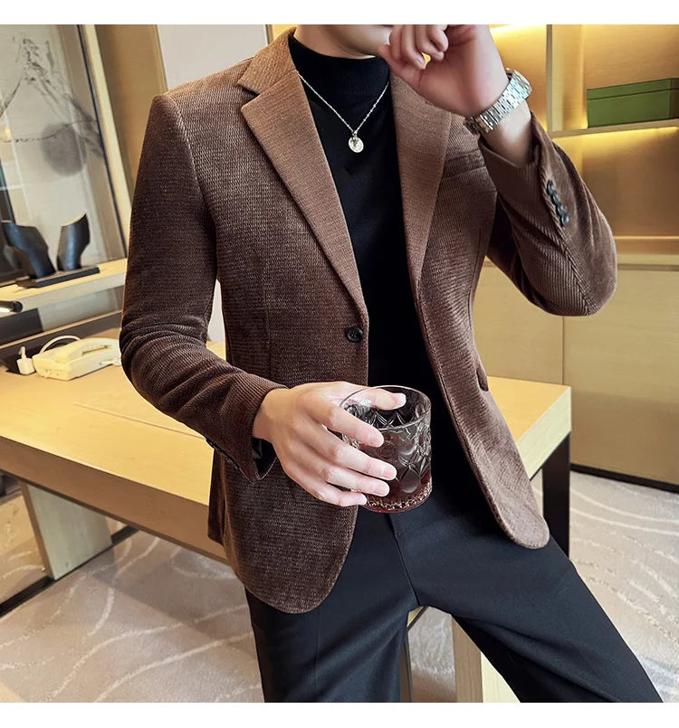 2025 Autumn Winter Velvet Suit Jacket Men Casual Business Blazers Wedding Groom Social Banquet Party Formal Blazer Men Clothing