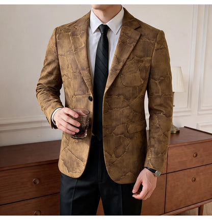 Men's Embossed Suede Blazer Smart Casual Single Breasted Jacket for Everyday Wear