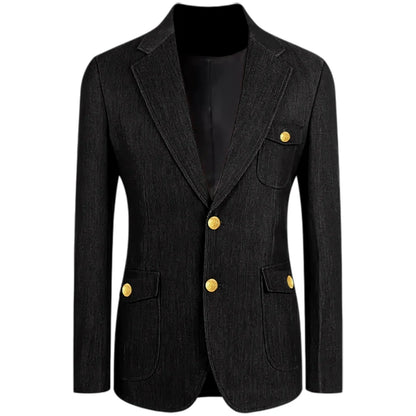 Men's Denim Suit Jacket Classic Notched Lapel Slim Fit Gold Buttons Multiple Pockets Formal Blazer Business Casual Daily Wear