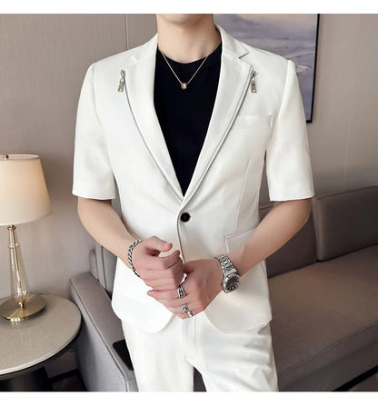 2023 Summer Zipper Decoration Blazers Men Casual Business Suit Jacket Slim Fit 3/4 Sleeve Streetwear Social Jacket Men Clothing