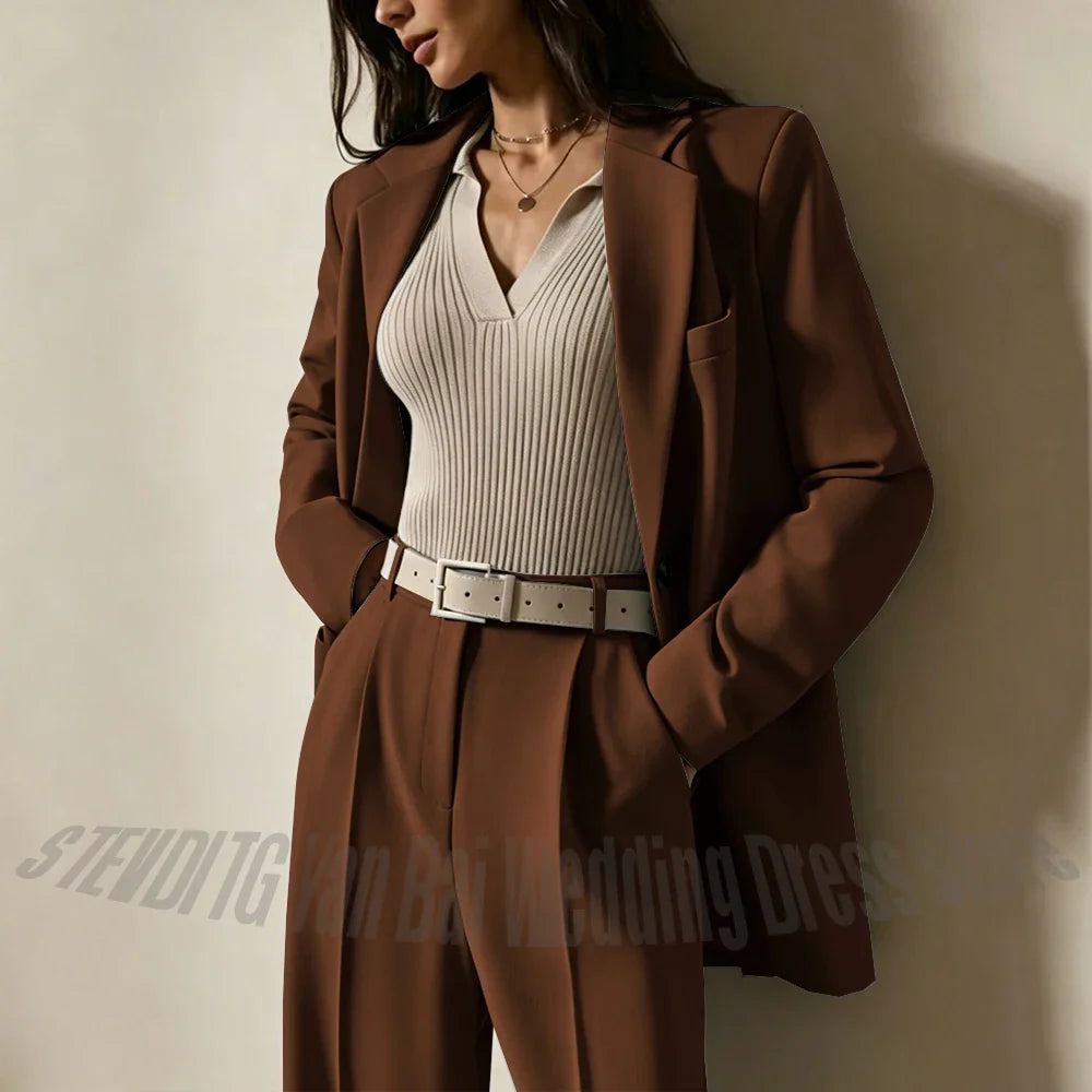 Dusty Blue Women Suits Casual Loose Single Breasted Blazer Pants 2 Piece Minimalist Fashion Office Daily Wear Outfit Set