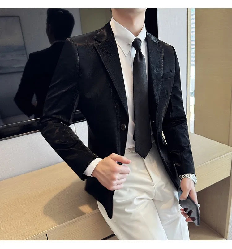 2026 Crocodile Patterned Leather Suit Jacket Men Slim Fit Business Casual Leather Jacket Wedding Groom Party Work Men Blazers