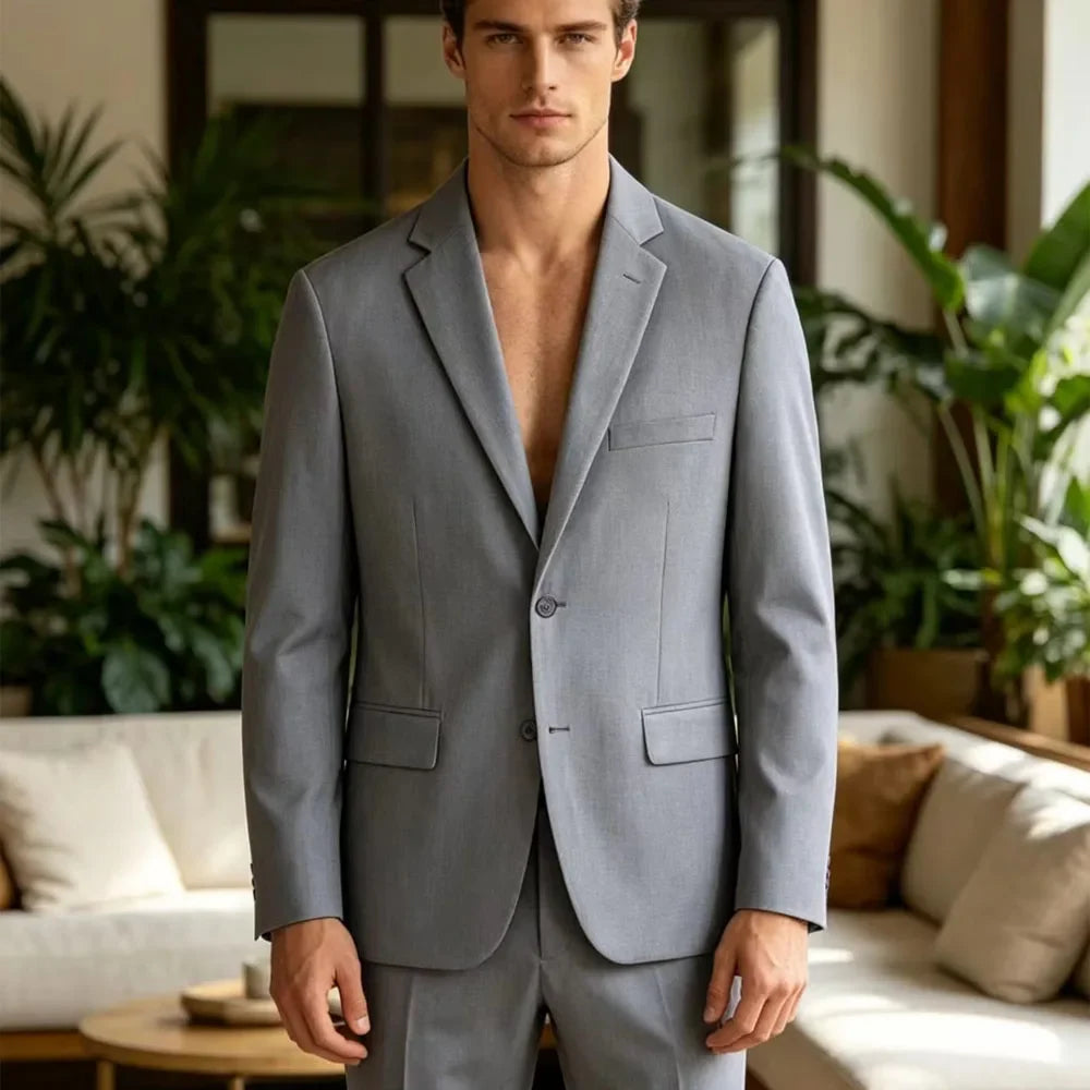 Men's 2-Piece Suit Notch Lapel Single Breasted Blazer with Flap Pockets for Business, Wedding & Formal Occasions