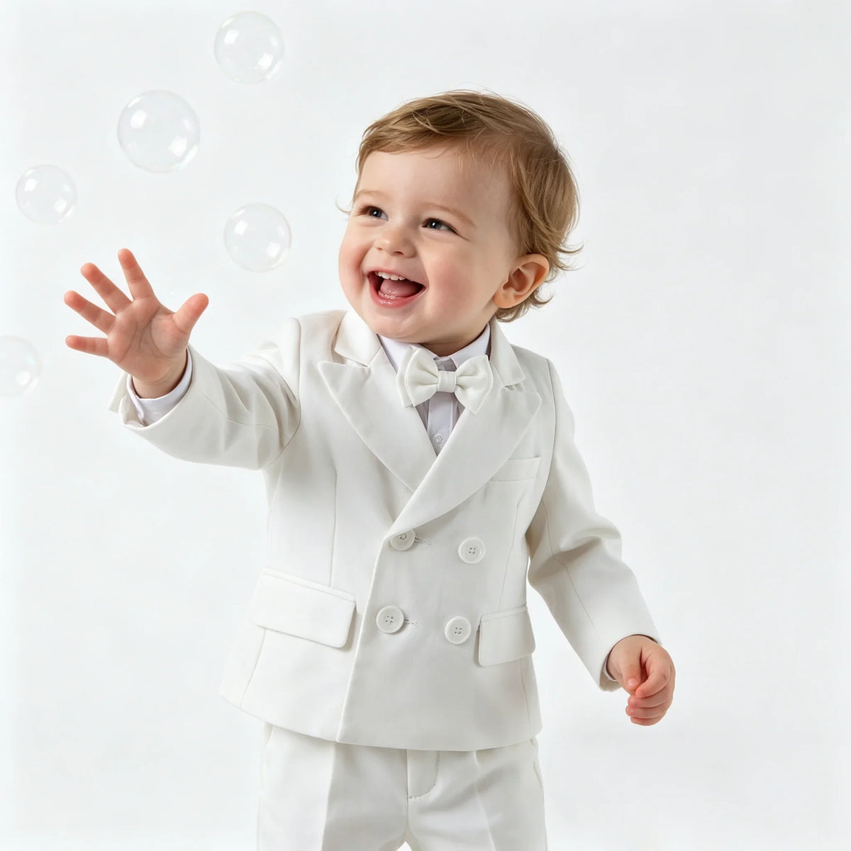 Baby Boy 4Pcs White Formal Suit Double Breasted Blazer Pants Suspenders Bow Tie Toddler Wedding Birthday Party Gentleman Costume