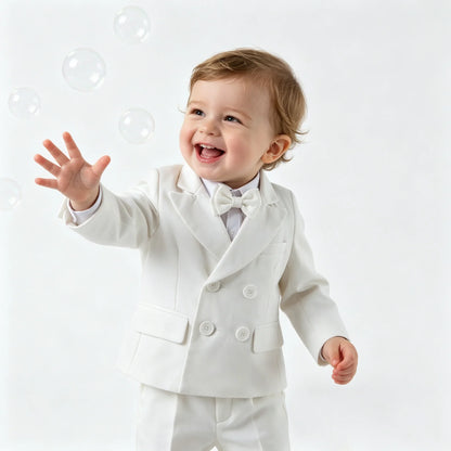 Baby Boy 4Pcs White Formal Suit Double Breasted Blazer Pants Suspenders Bow Tie Toddler Wedding Birthday Party Gentleman Costume