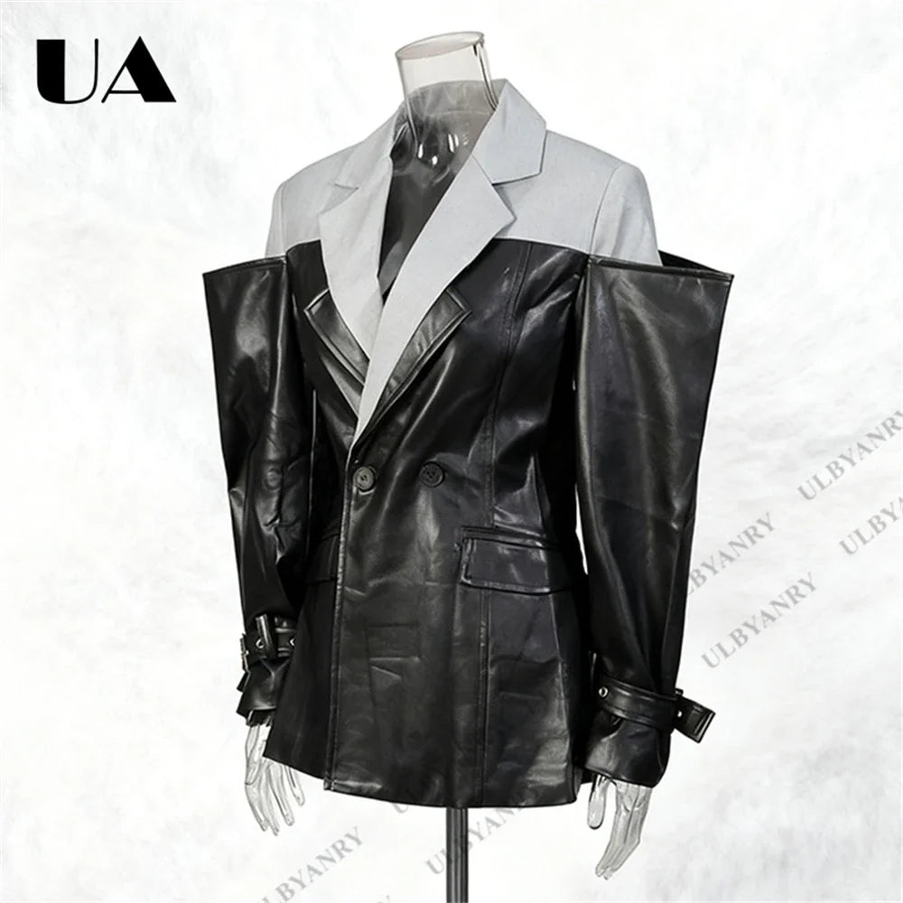 Colorblock Faux Leather Blazer with Notch Lapel Cuff Straps for Street Style Fashion Week Suit Jacket Club Night Blazer