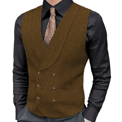 Men's Herringbone Double-Breasted Vest with Lapel – Brown Suit Waistcoat for Wedding & Formal Occasions
