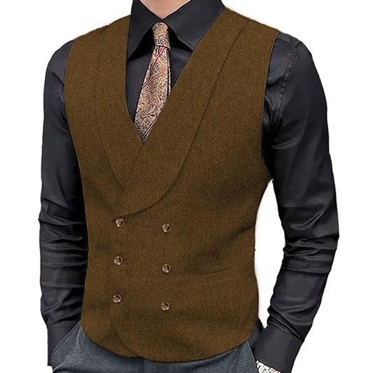 Men's Herringbone Double-Breasted Vest with Lapel – Brown Suit Waistcoat for Wedding & Formal Occasions