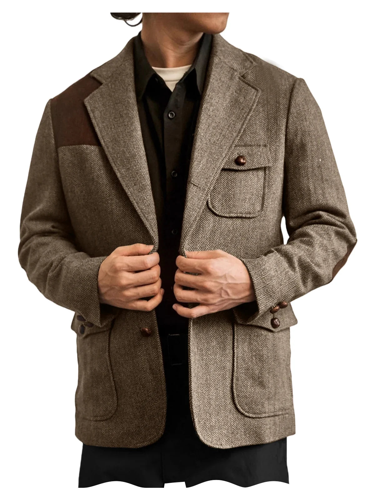Men's Herringbone Tweed Blazer Shoulder Patchwork Suede Notch Lapel Suit Jacket Classic Fit Casual Business Vintage Sport Coat