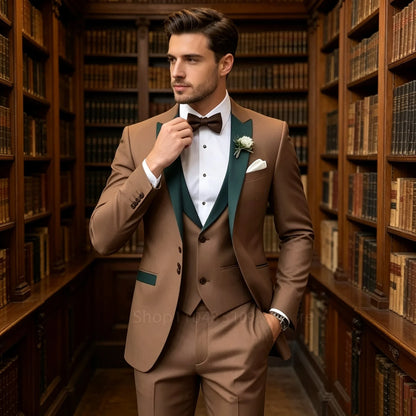 Brown Wedding Men Suits 3 Piece Formal Groom Tuxedos for Prom Party Male Suits Fashion Clothing Set Jacket with Pants Vest