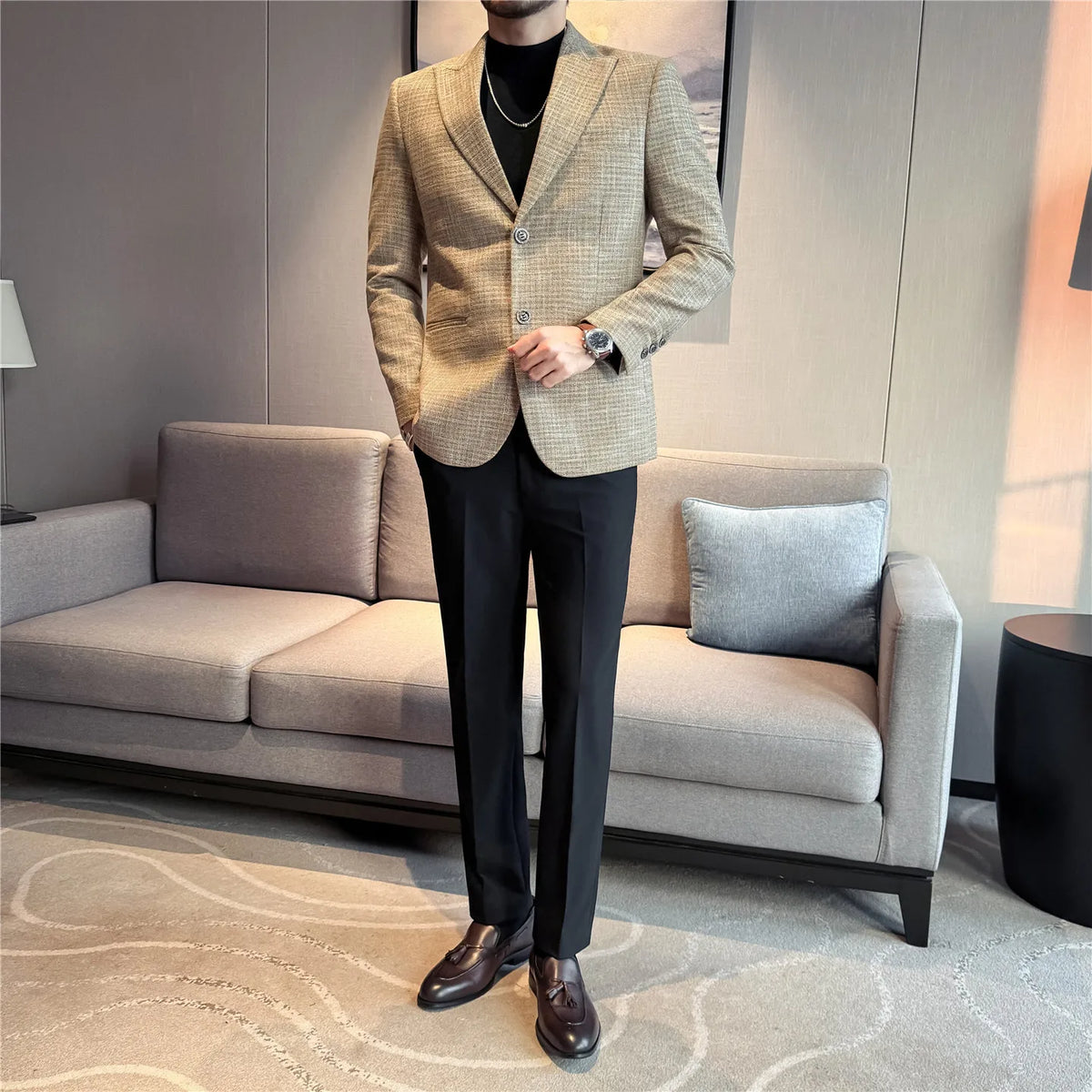 Men's Smart Casual Blazer – Vintage Coin Check Pattern – Brown & White Grey – Shopping & Office Wear