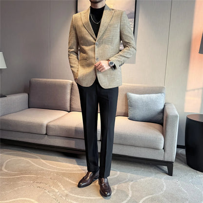 Men's Smart Casual Blazer – Vintage Coin Check Pattern – Brown & White Grey – Shopping & Office Wear