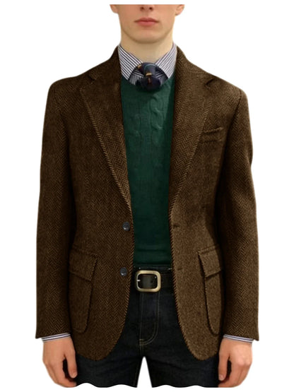 Men's Herringbone Tweed Blazer Classic Fit 2-Button Notch Lapel Flap Pockets Suit Jacket Casual Daily Business Men Sport Coat
