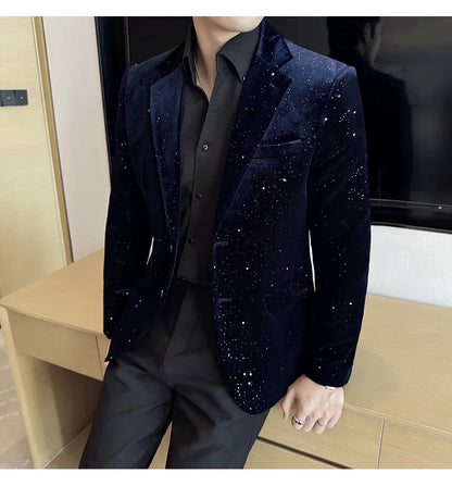 2025 Autumn New Velvet Jacket Men's Blazer Business Fashion Hot Stamping Printed Suit Jacket High-quality Luxury Dress Suit