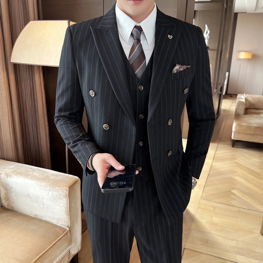 Men's Double Breasted Striped Three-Piece Suit for Weddings & Smart Casual – Grey & Black