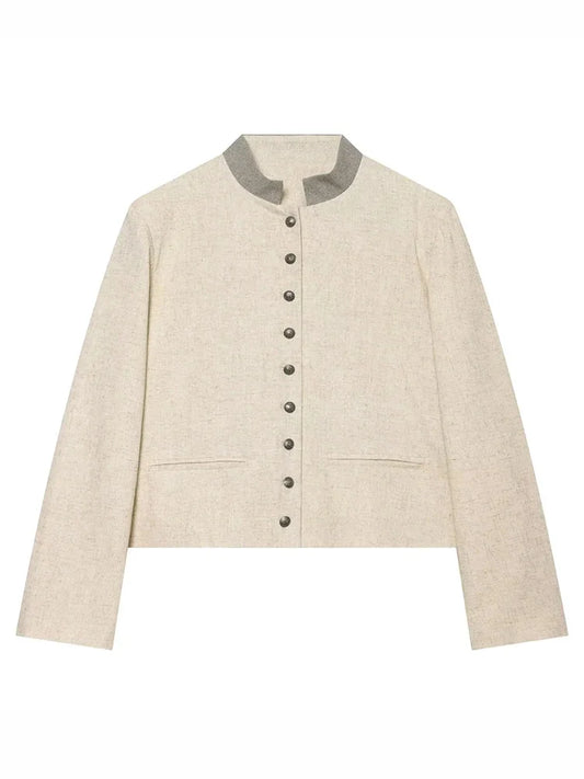 Women's Minimalist Linen Blend Stand Collar Blazer Elegant Long Sleeve Tailored Jacket Office Business Casual Short Coat