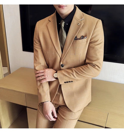 Men's 3-Piece Slim Fit Plaid Suit – Jacket, Vest & Pants for Weddings, Office & Formal Occasions