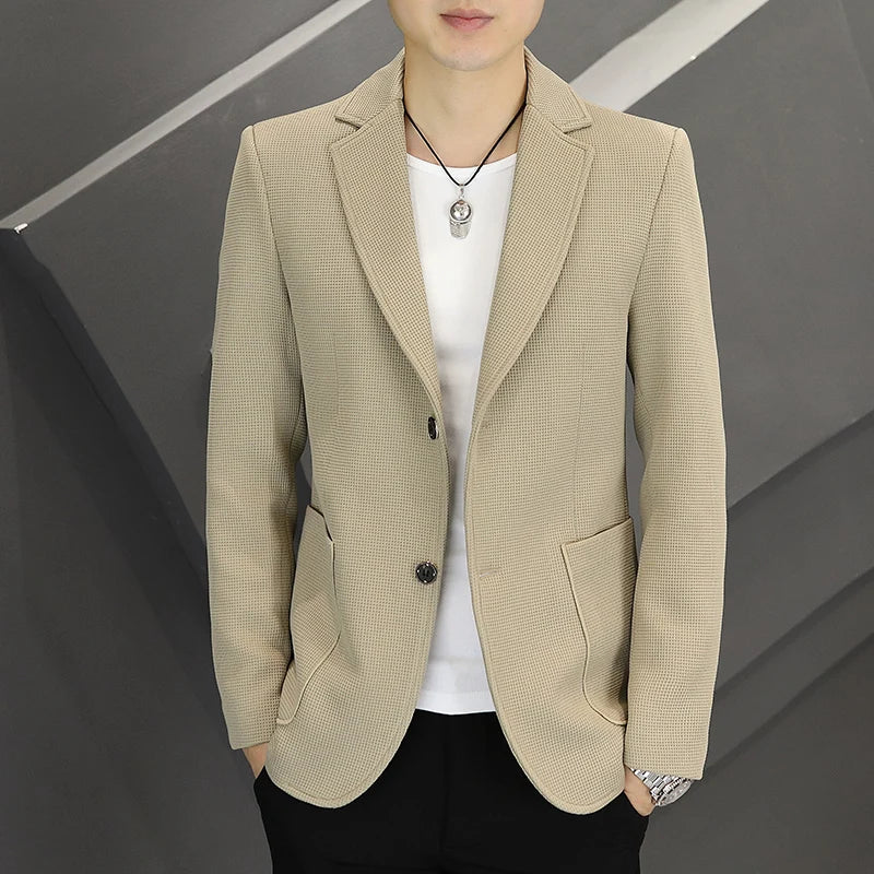 Men's Casual Blazer Two-Button Waffle Pattern for Spring Autumn