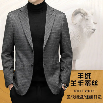 Men's Blazer Wool Cashmere Silk Plaid Smart Casual Winter Suit Jacket