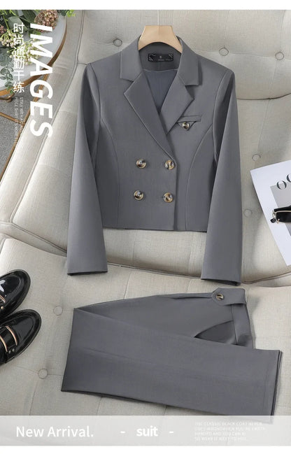 Blue Suit Women 2024 New Spring High End Fashion Temperament Professional Short Blazer And Pants Sets Office Ladies Work Wear