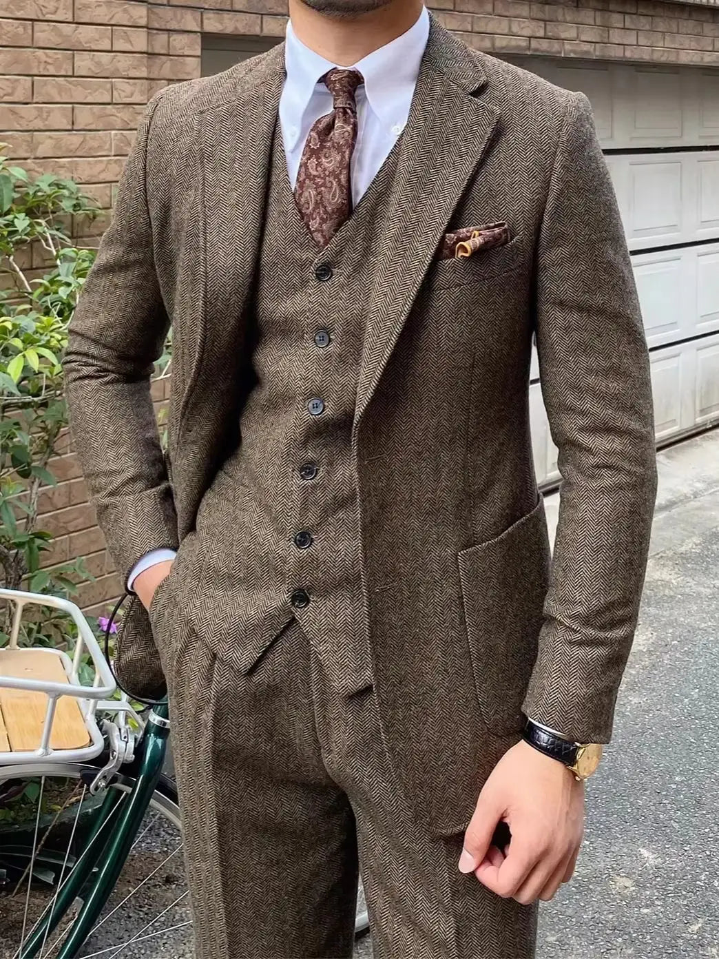 Navy Blue Mens Tweed Herringbone Wedding Suit Prom Tuxedos 3 Piece Notch Lapel Tweed for Business Slim Fit (Blazer+Vest+Pants)