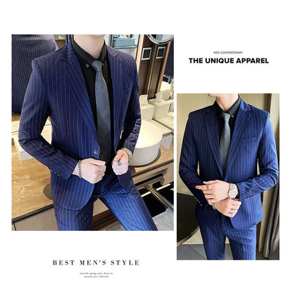 Men's Fashion High-Quality Slim Fit Two-Piece Suit Set Spring Autumn Stripes Business Casual Trousers And Jacket Combo