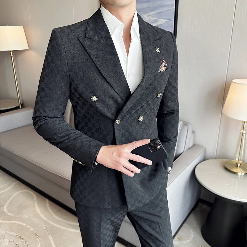 (Jacket+Pants)Luxury Checkered Double Breasted Suit  2 Pieces Fashion Business Slim Fit Social   Formal Suit Evening Dress 5XL-M