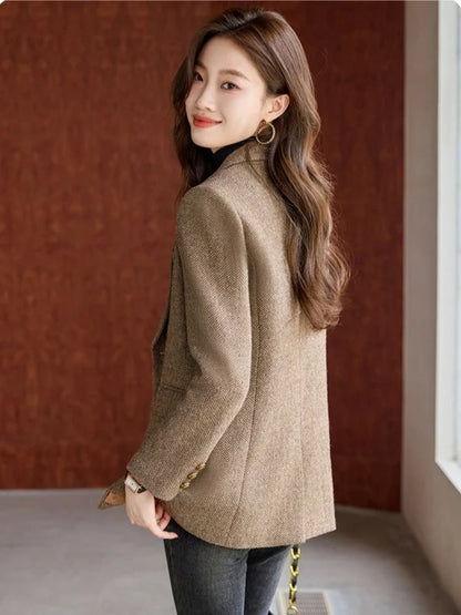 Fashion Grey Blazer Women Coffee Long Sleeve Casual Jacket for Autumn Winter Female Coats Double-Breasted Suit Women’s Clothing