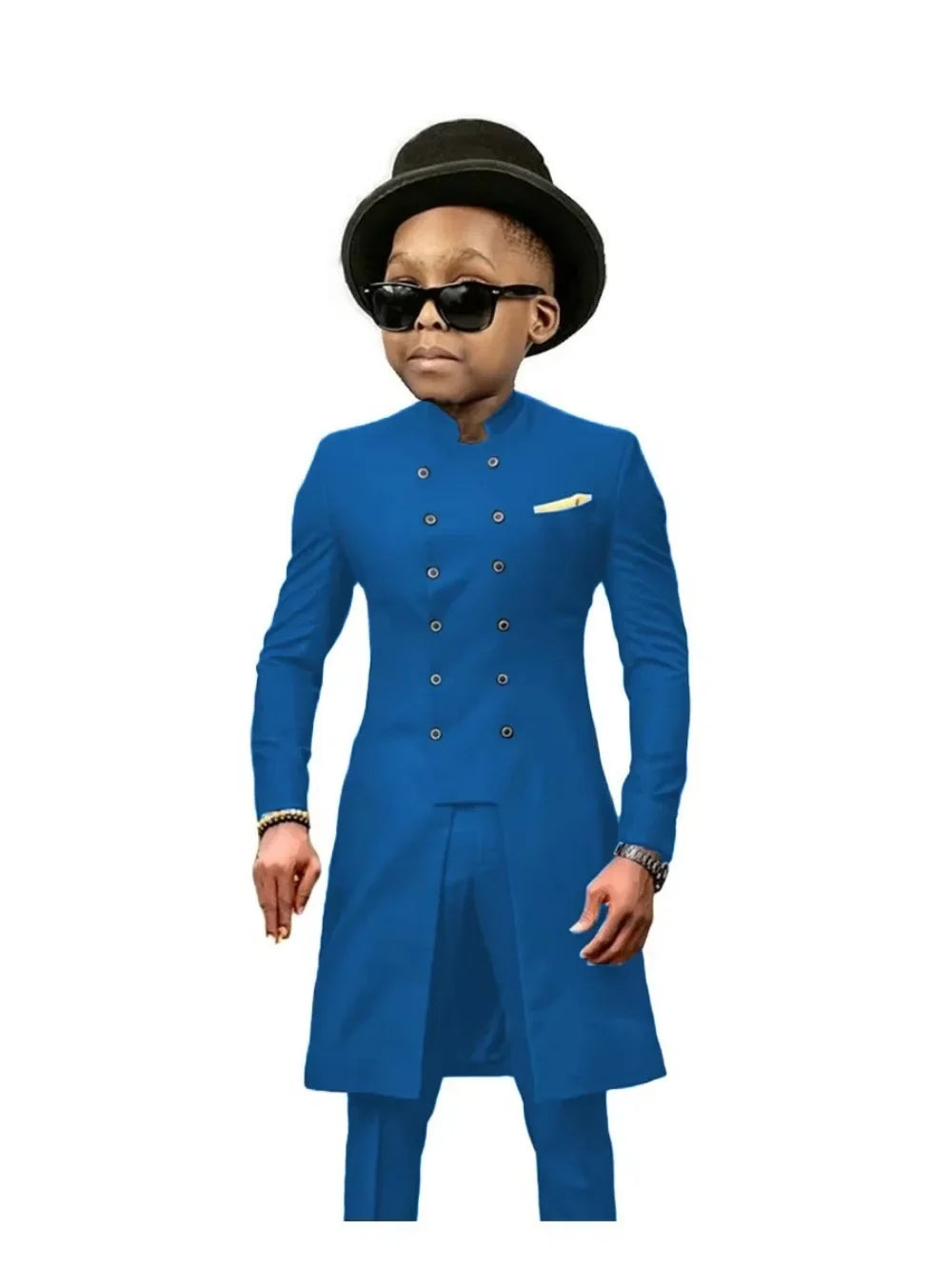 African Stand Collar Kids Long Suit Set 2 Pieces Wedding Guest Outfit Double Breasted Boys Formal Tuxedo Birthday Party Wear
