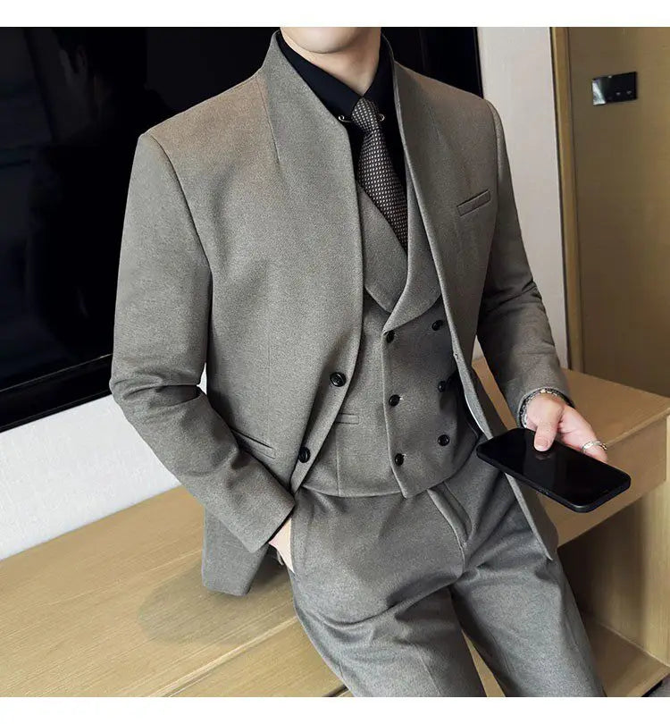Men's 3-Piece Slim Fit Stand Collar Suit – Wedding, Prom & Office Formal Set