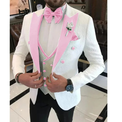 Men's Floral Wedding Tuxedo 3-Piece Set Double Breasted Jacket with Vest Peak Lapel Groom's Fashion Suit Male Wedding Attire